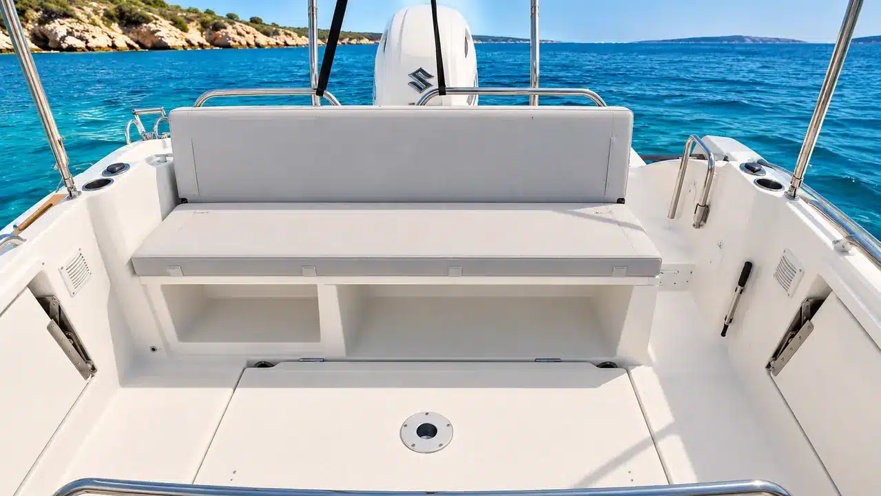 Bañera de popa de la Beneteau Flyer 7 con banco acolchado y vistas al mar de Menorca